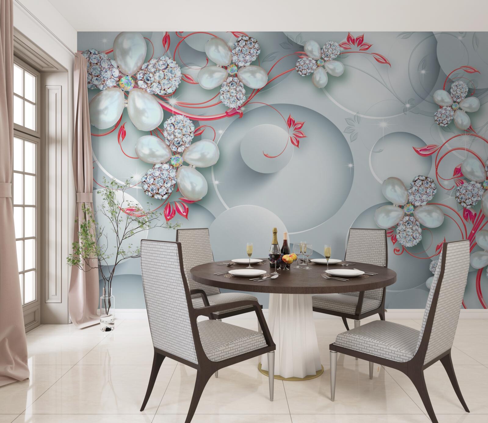 Carta da parati Fiori nei toni del bianco con elementi di perle e strass
