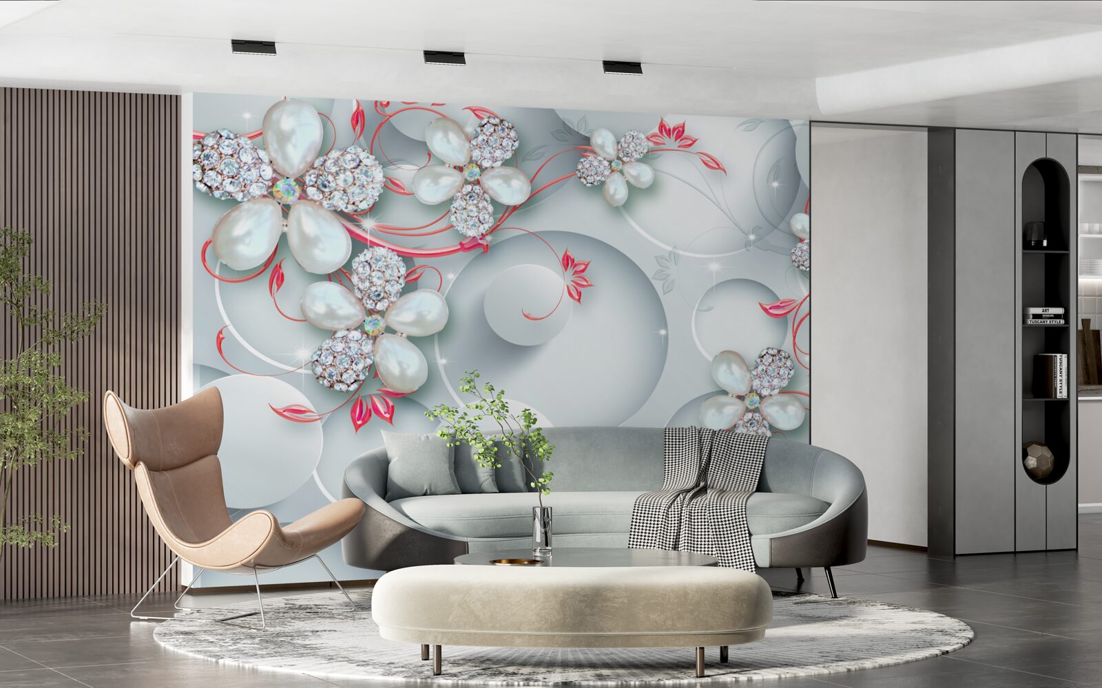 Carta da parati Fiori nei toni del bianco con elementi di perle e strass