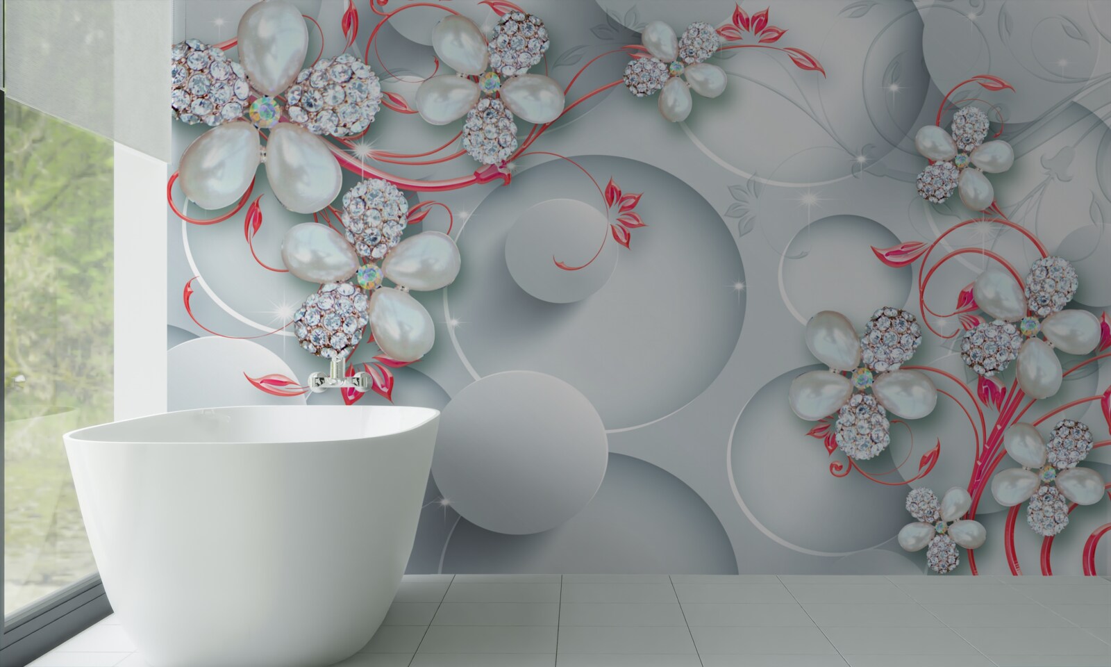 Carta da parati Fiori nei toni del bianco con elementi di perle e strass