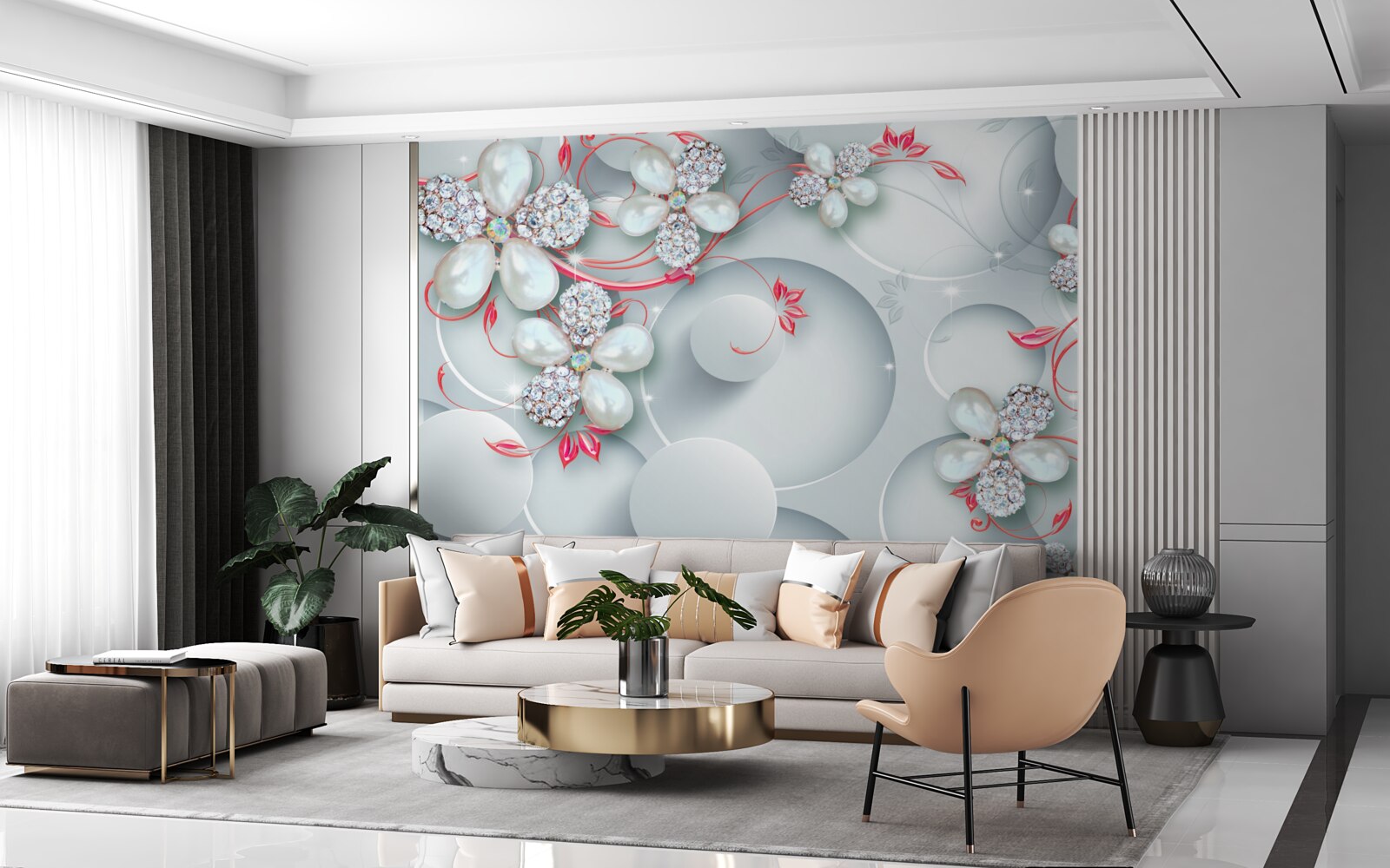 Carta da parati Fiori nei toni del bianco con elementi di perle e strass