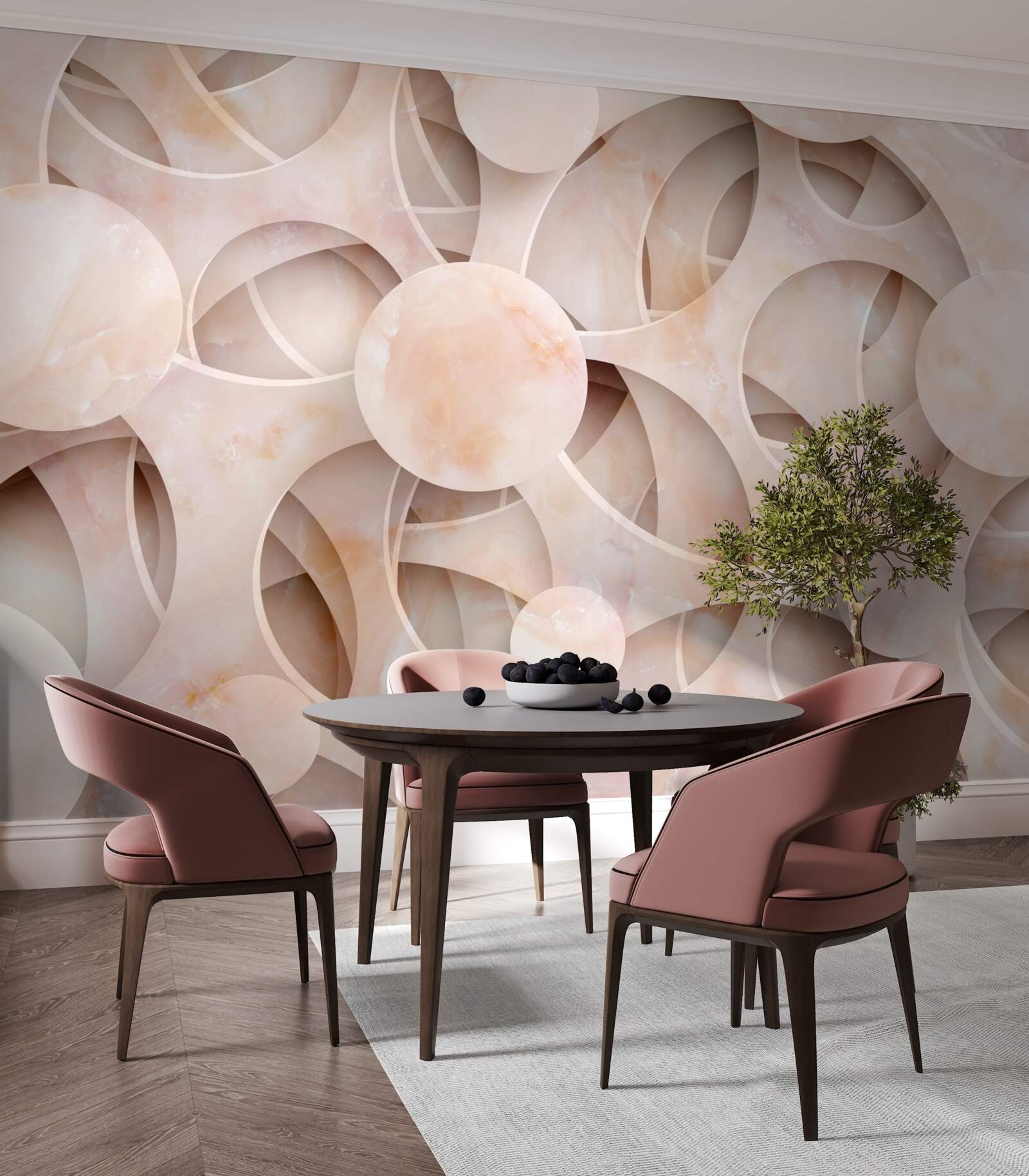 Carta da parati Forme arrotondate e linee curve su sfondo rosa