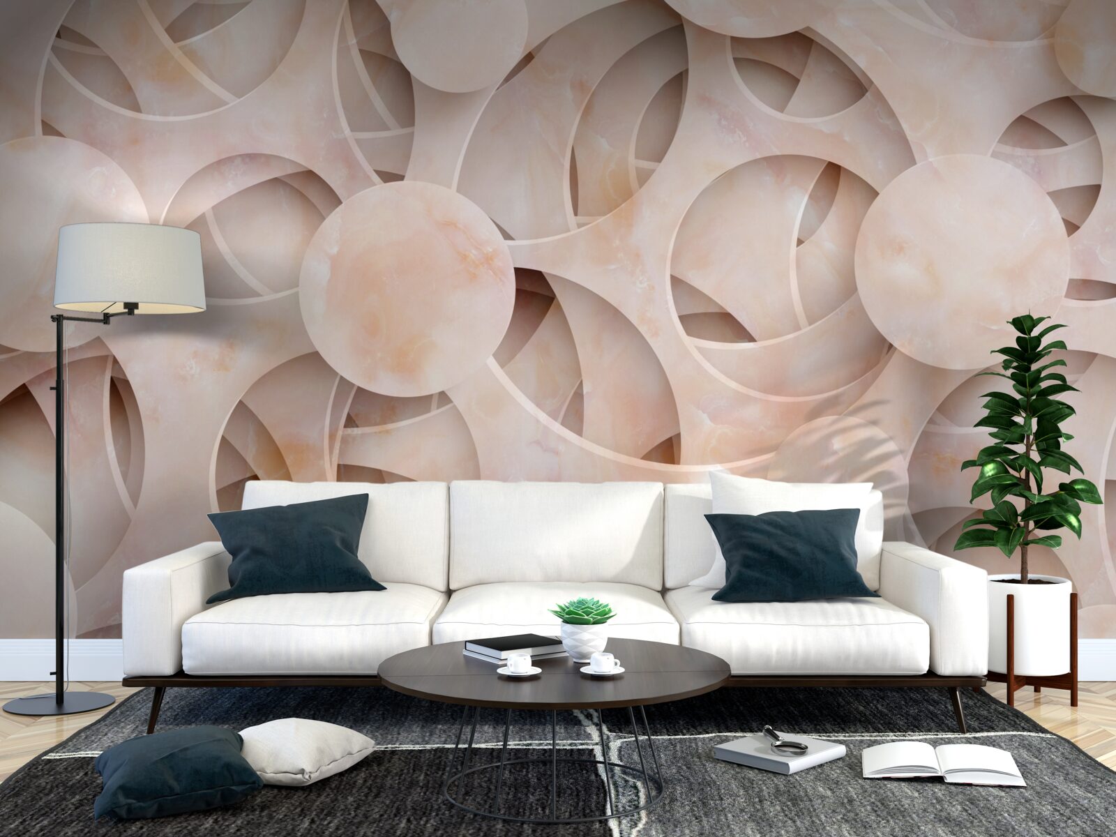Carta da parati Forme arrotondate e linee curve su sfondo rosa