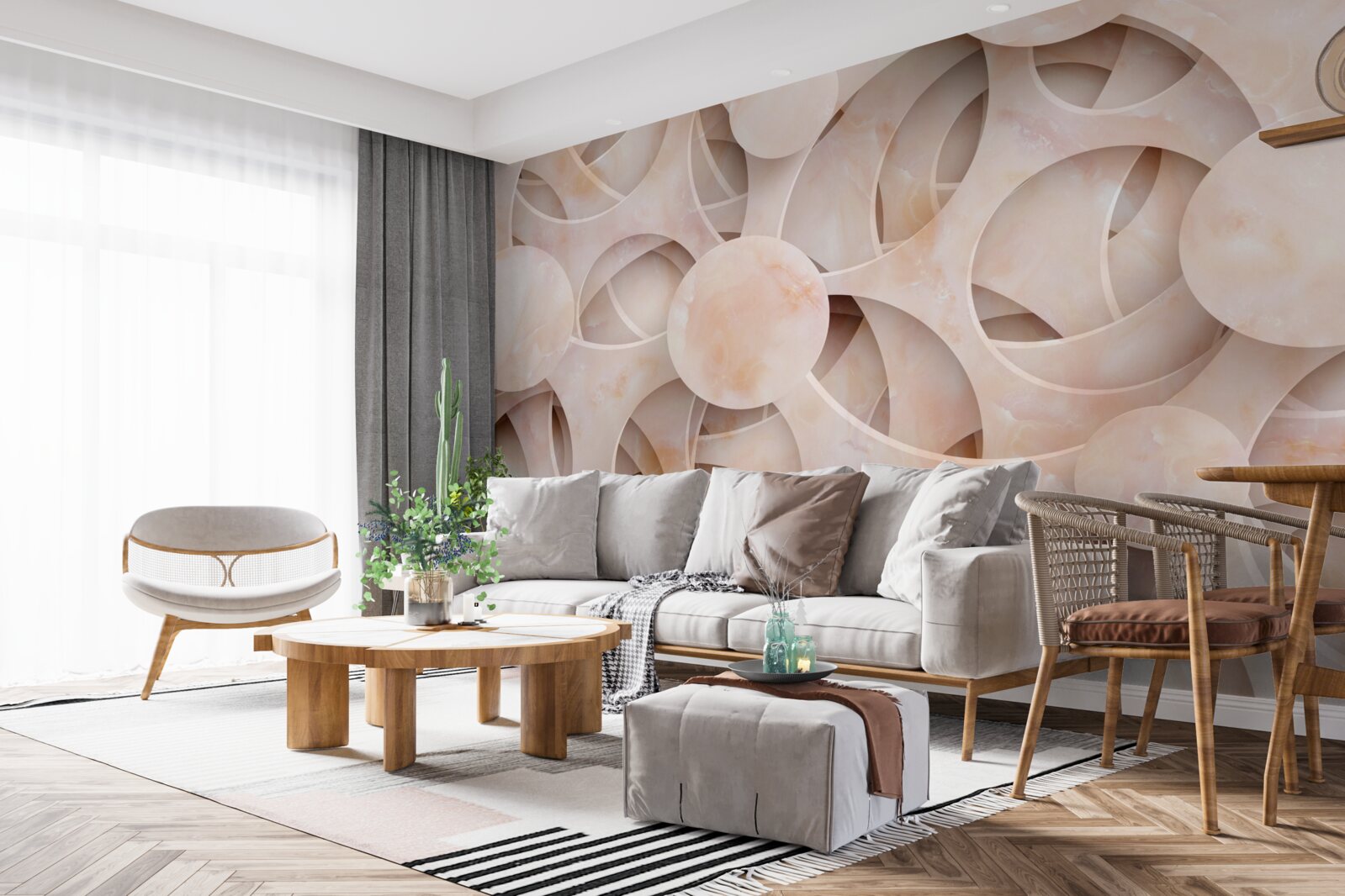 Carta da parati Forme arrotondate e linee curve su sfondo rosa