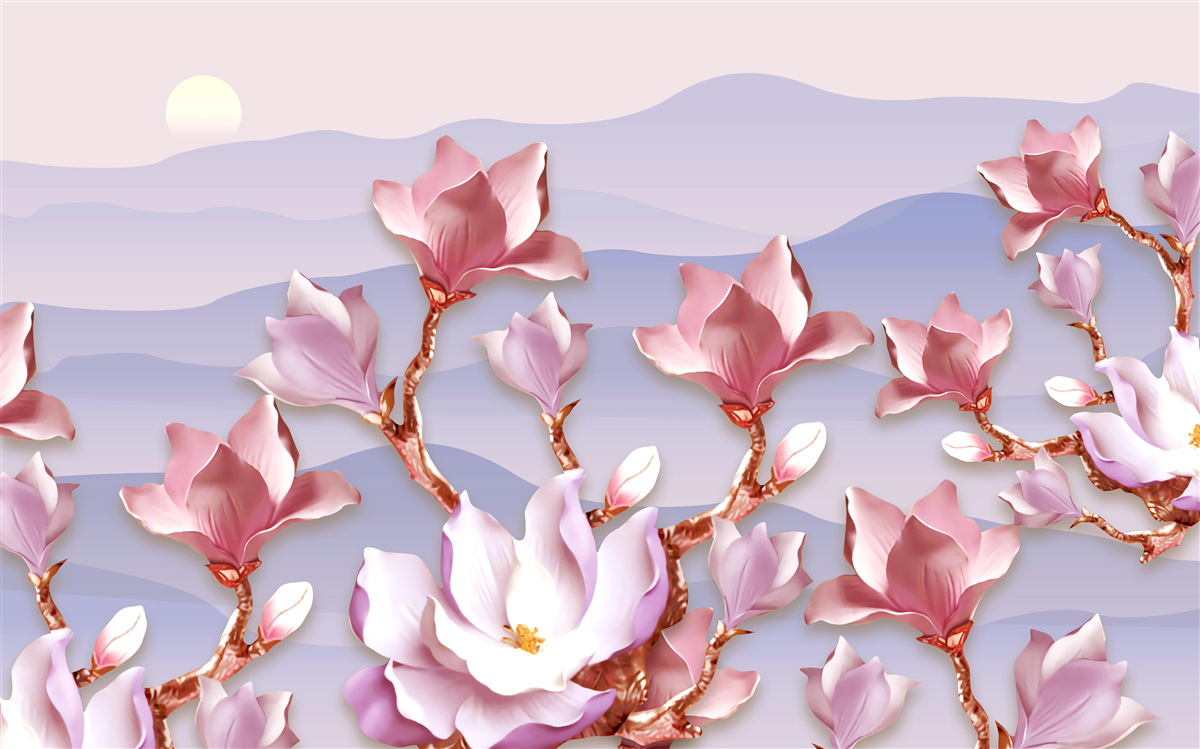 Carta da parati boccioli di magnolia rosa contro l'alba di un giorno morente