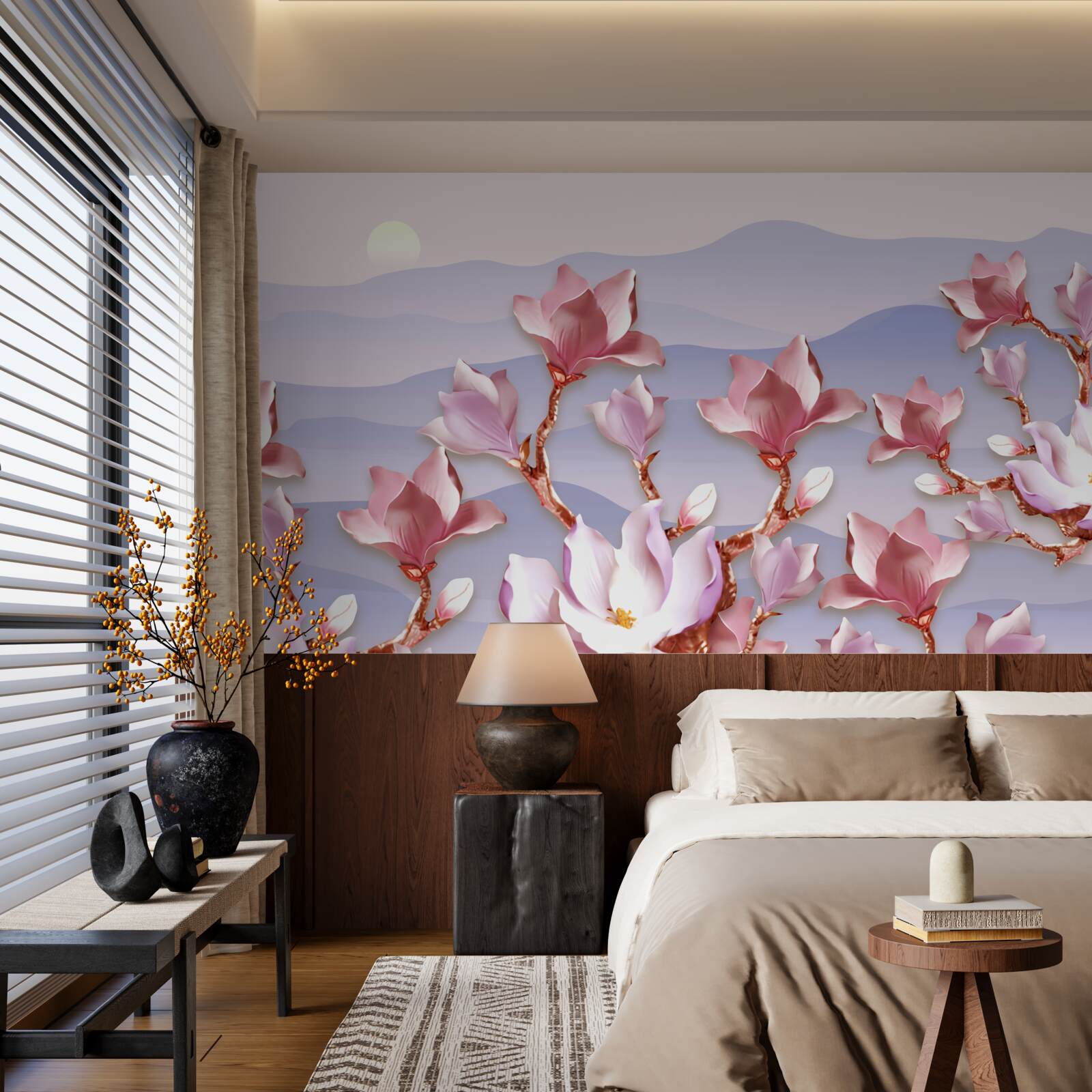 Carta da parati boccioli di magnolia rosa contro l'alba di un giorno morente