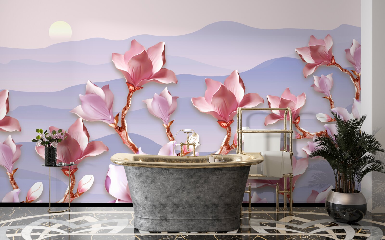 Carta da parati boccioli di magnolia rosa contro l'alba di un giorno morente