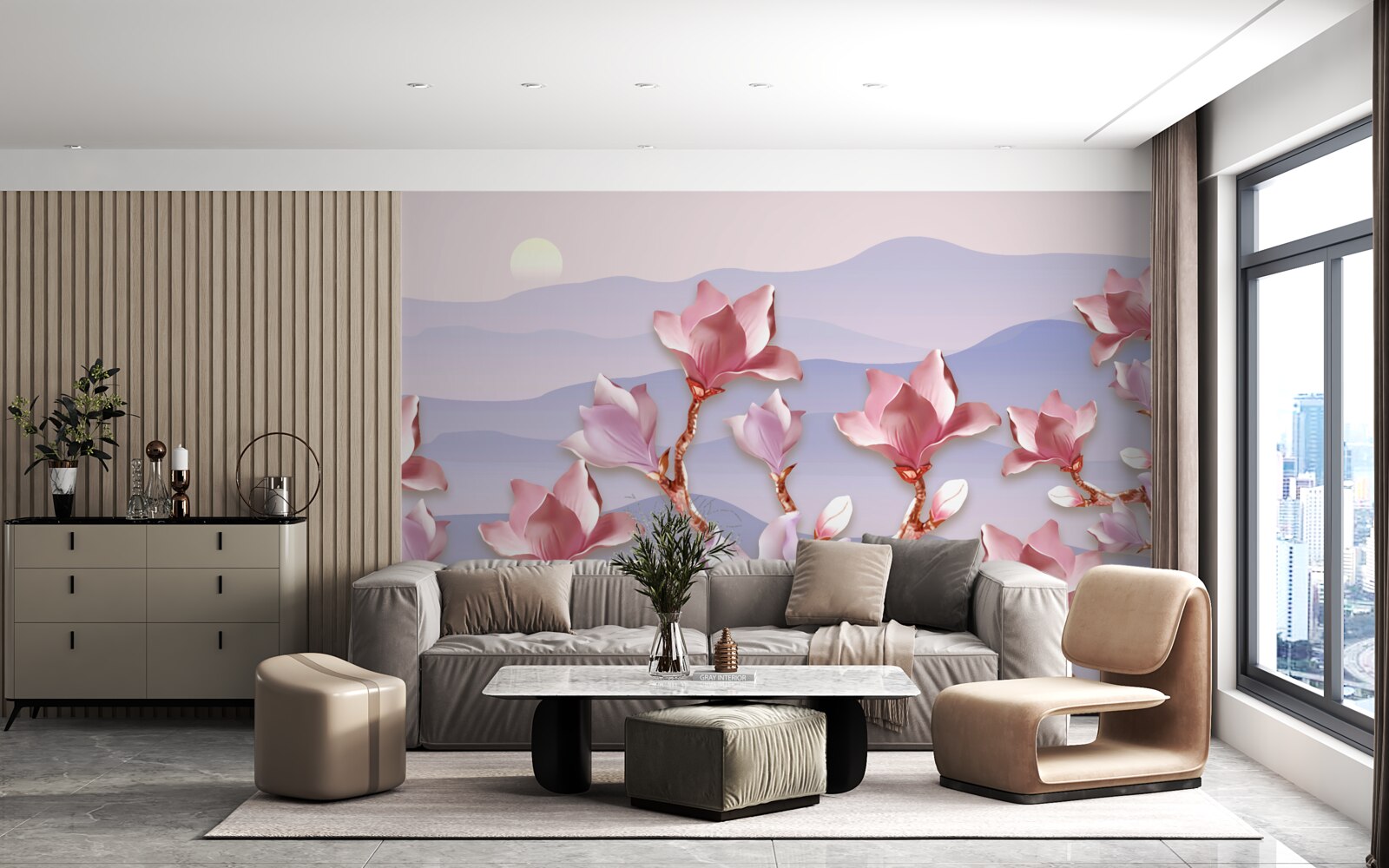 Carta da parati boccioli di magnolia rosa contro l'alba di un giorno morente