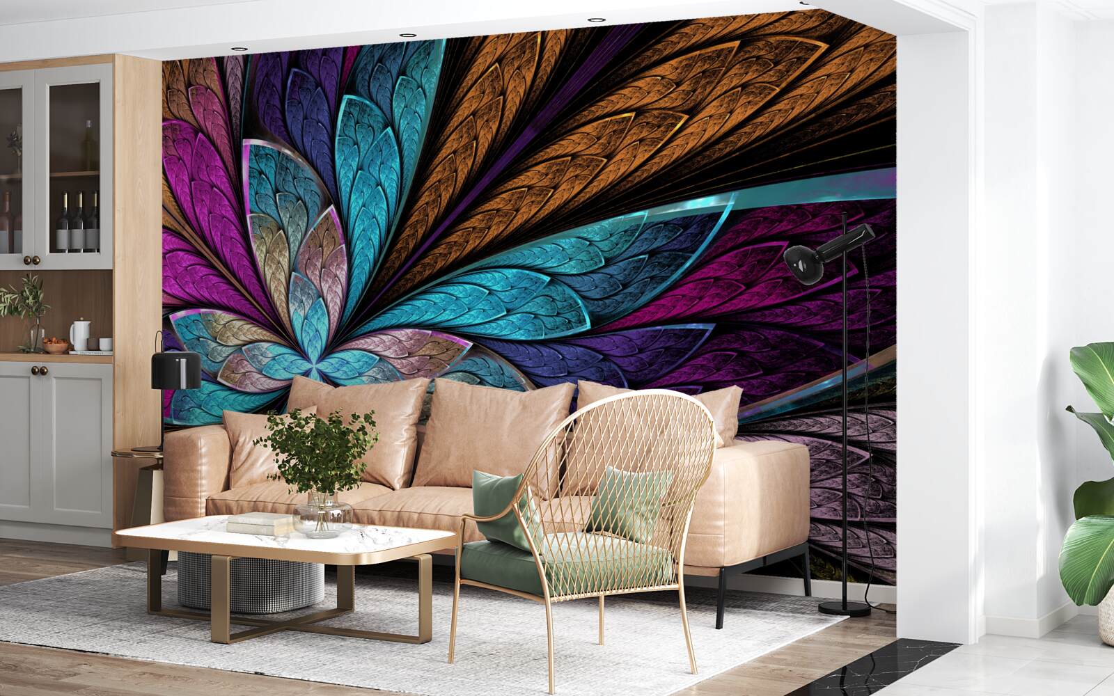 Carta da parati mosaico di petali di fiori per creare un effetto vetro colorato