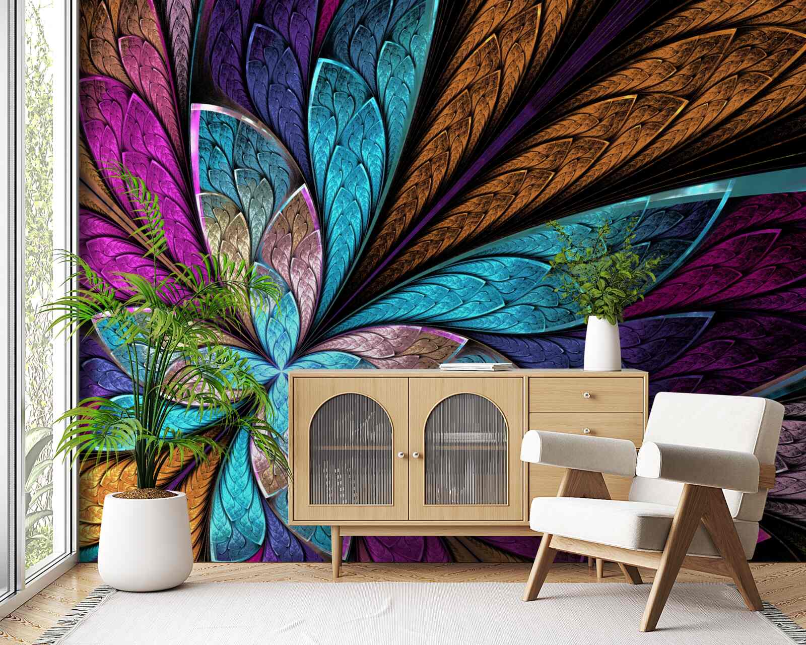 Carta da parati mosaico di petali di fiori per creare un effetto vetro colorato