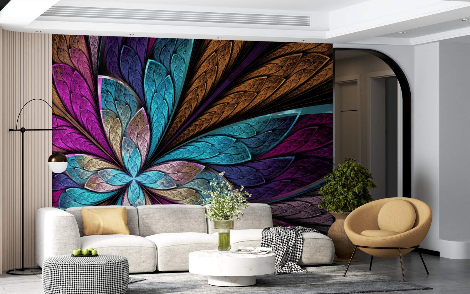 Carta da parati mosaico di petali di fiori per creare un effetto vetro colorato