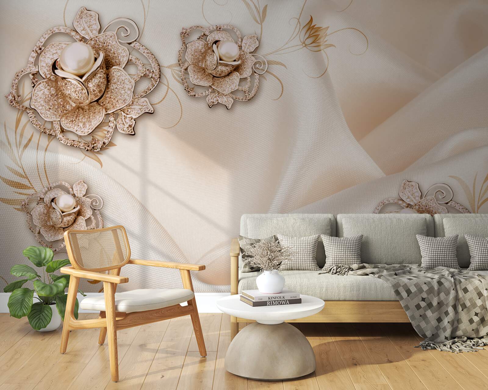 Carta da parati combinazione di fiori e seta color pesca