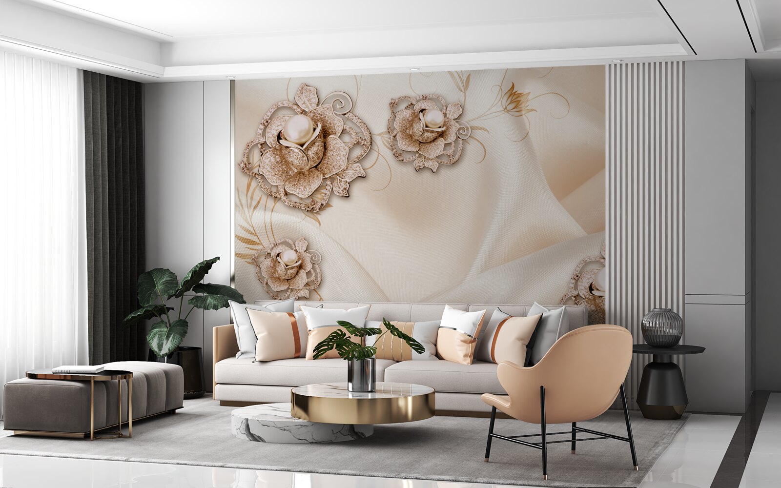Carta da parati combinazione di fiori e seta color pesca