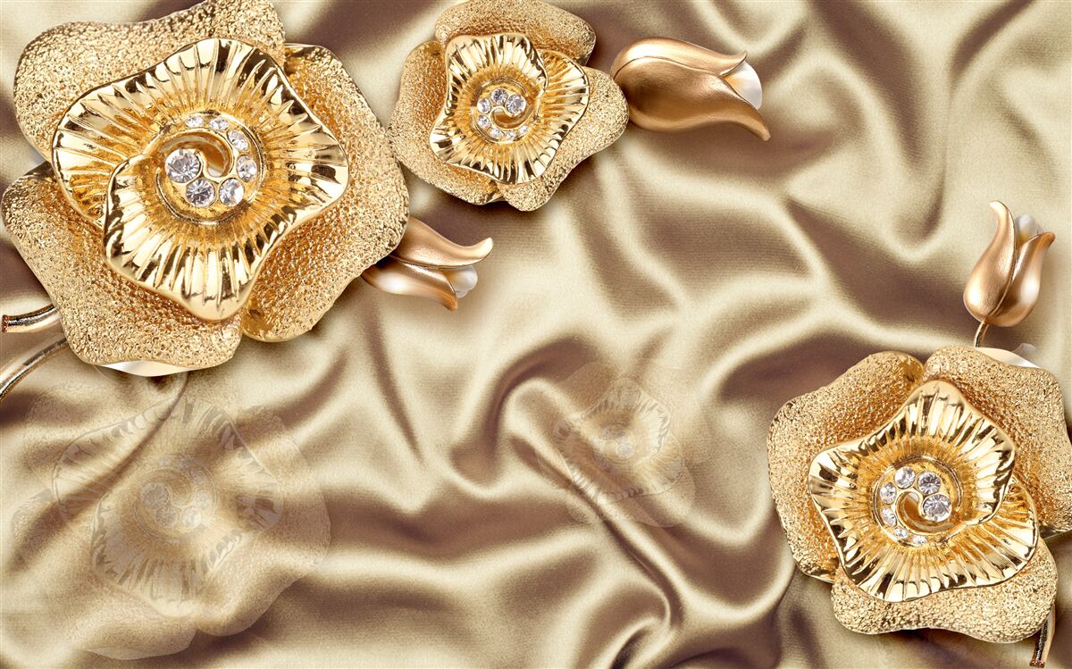 Carta da parati dettagli in oro su seta decorata con fiori in bronzo