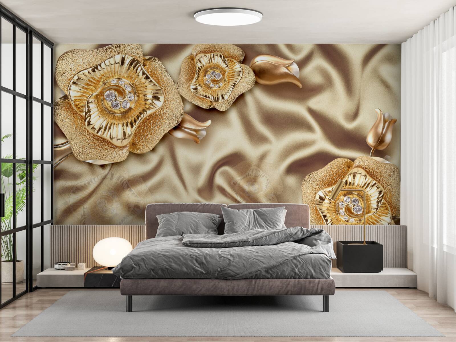 Carta da parati dettagli in oro su seta decorata con fiori in bronzo