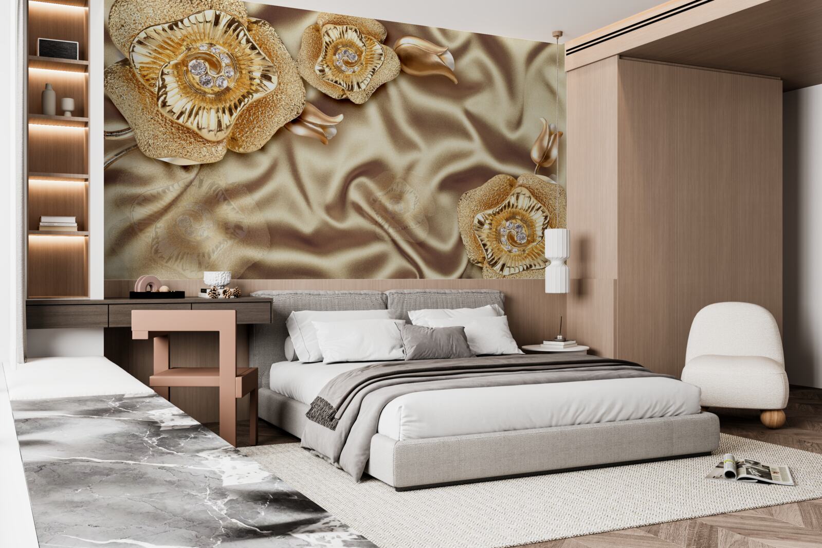 Carta da parati dettagli in oro su seta decorata con fiori in bronzo