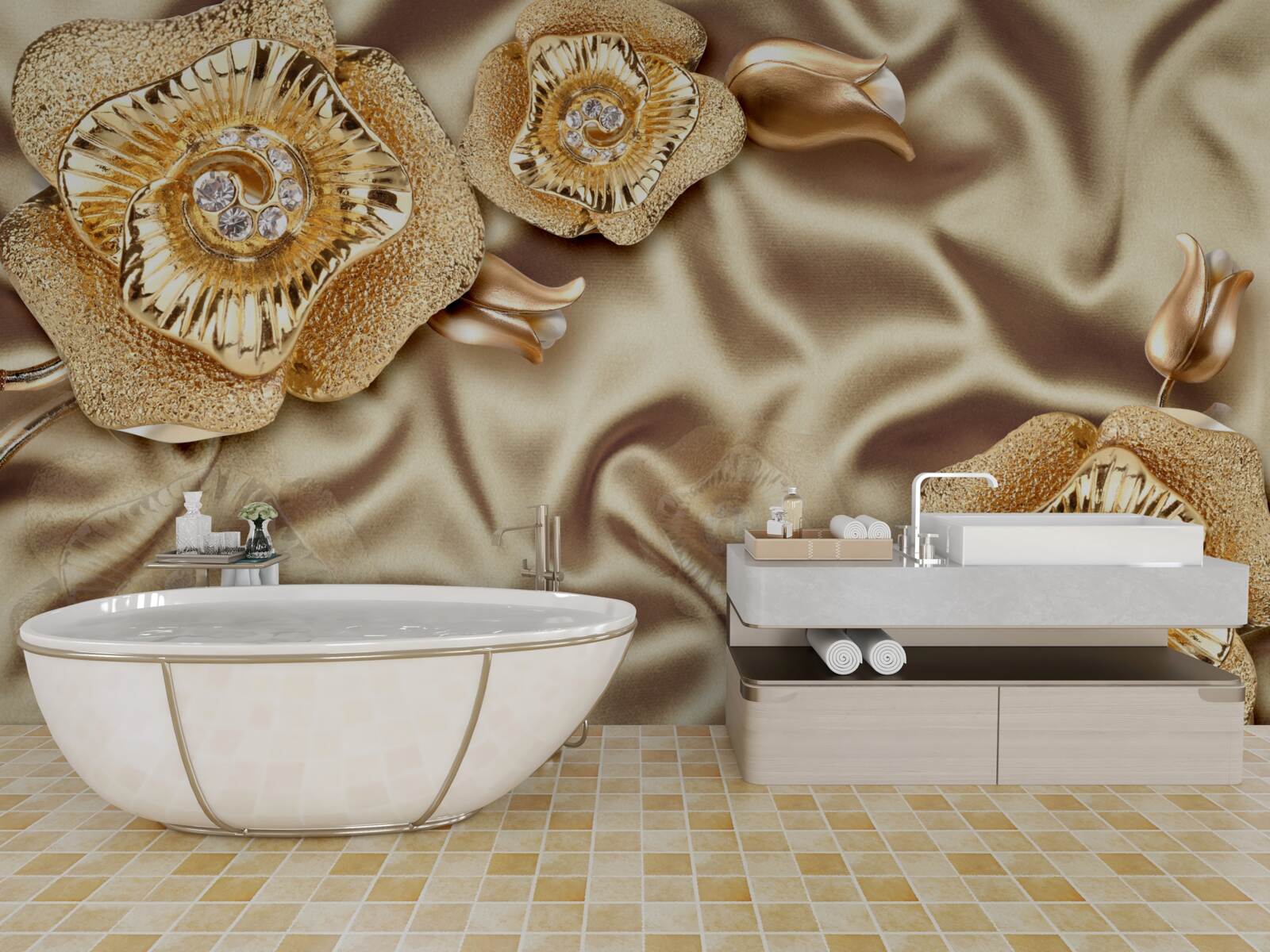 Carta da parati dettagli in oro su seta decorata con fiori in bronzo