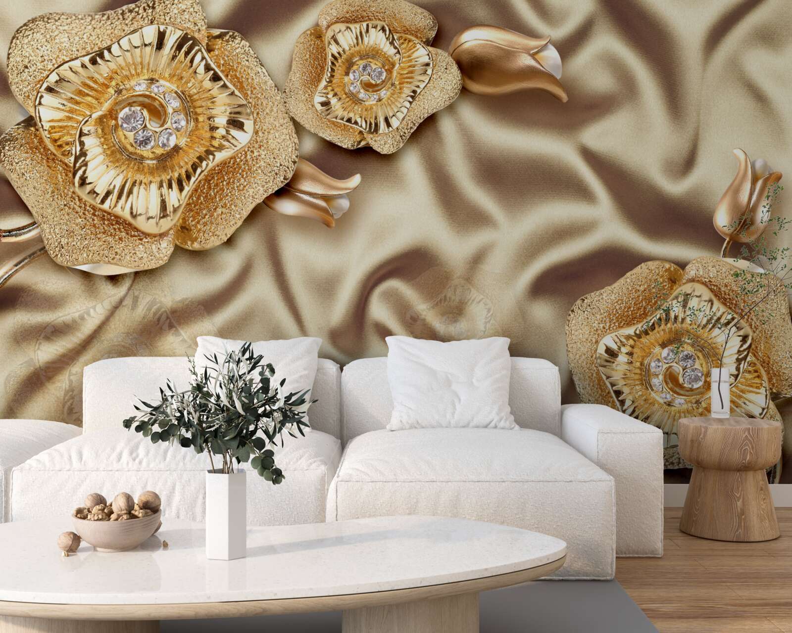 Carta da parati dettagli in oro su seta decorata con fiori in bronzo
