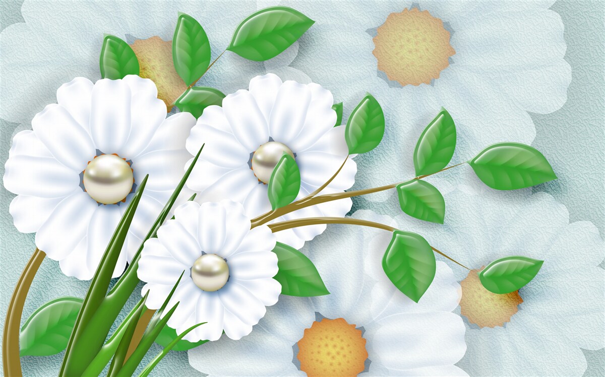 Carta da parati Margherite bianche con cuori di perle