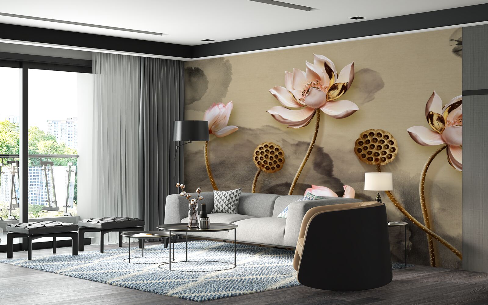 Carta da parati boccioli di fiori rosa che ondeggiano nel vento