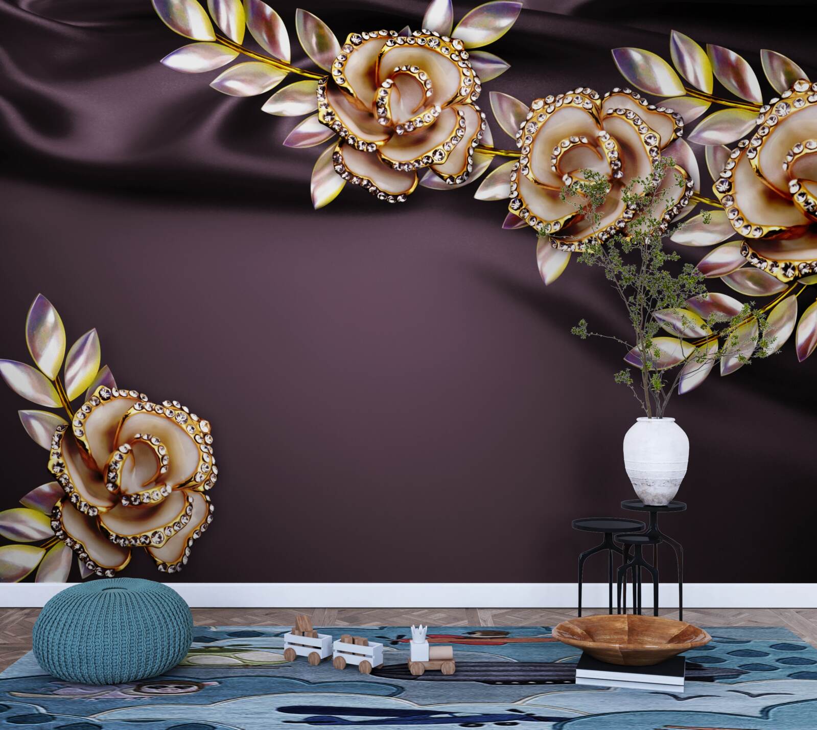 Carta da parati rose in oro con foglie come decorazione