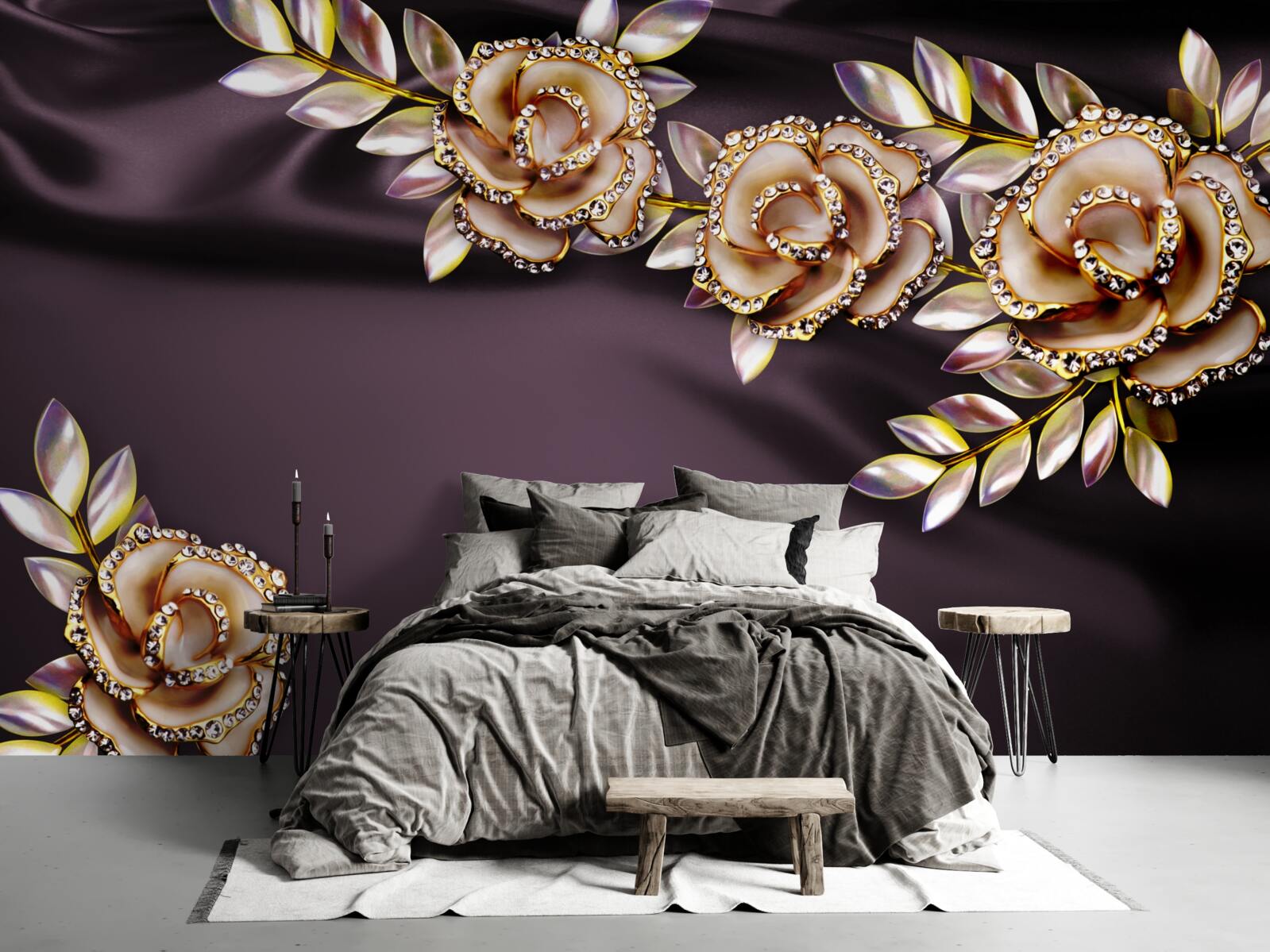 Carta da parati rose in oro con foglie come decorazione