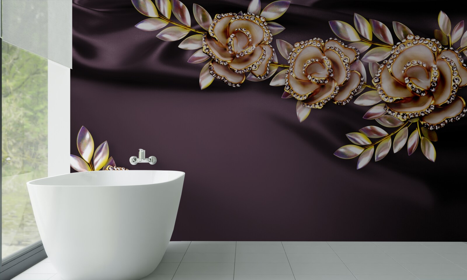Carta da parati rose in oro con foglie come decorazione