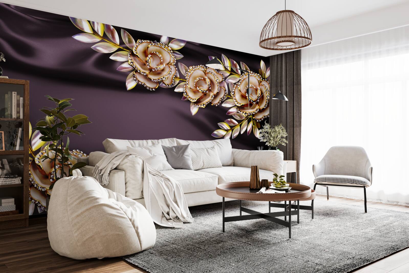 Carta da parati rose in oro con foglie come decorazione