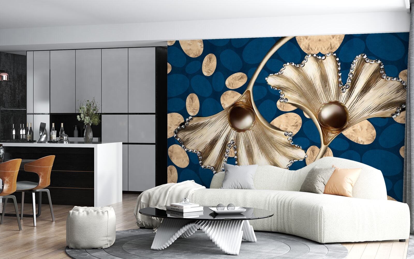Carta da parati lo sfondo blu è decorato con fiori dorati