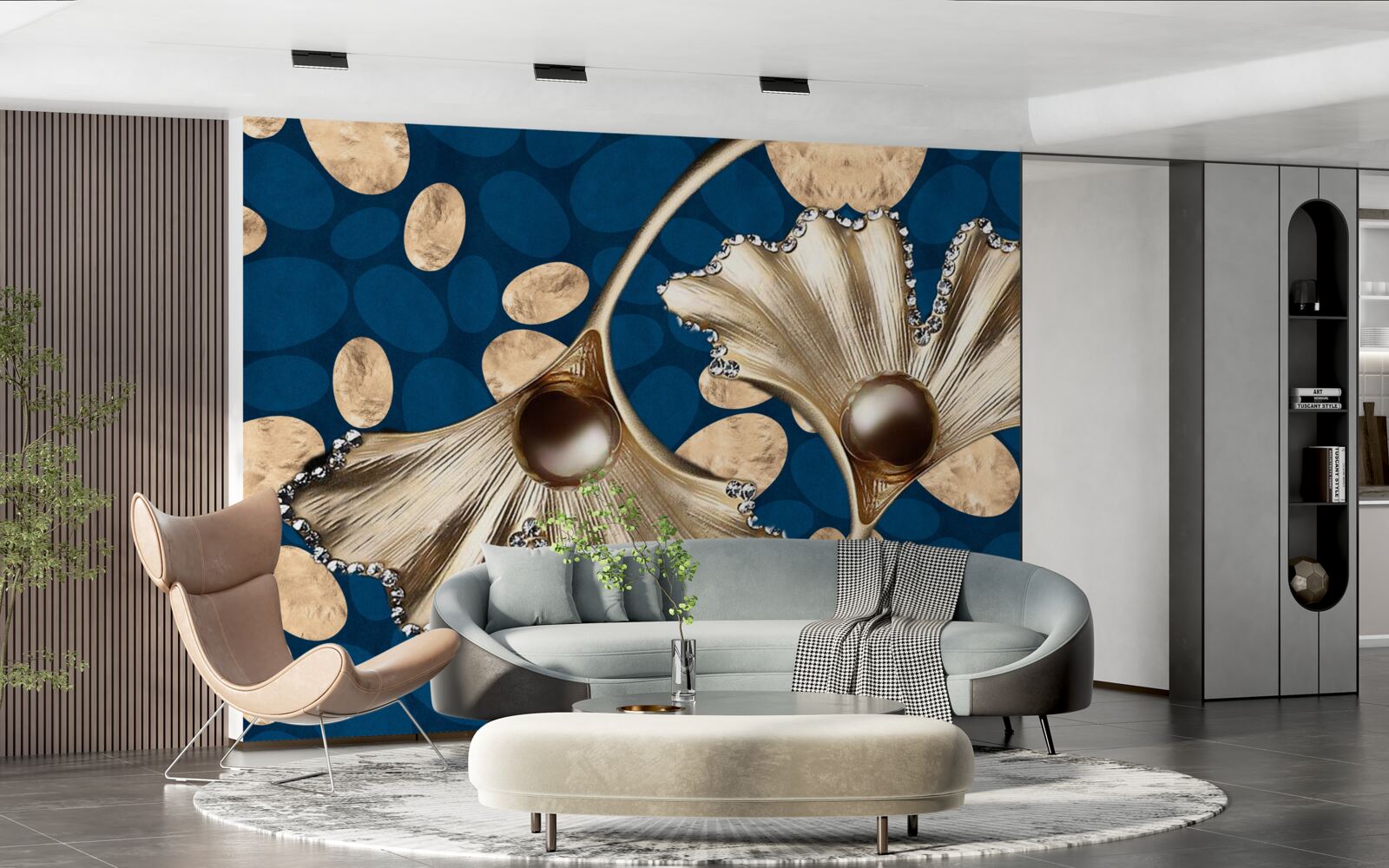 Carta da parati lo sfondo blu è decorato con fiori dorati