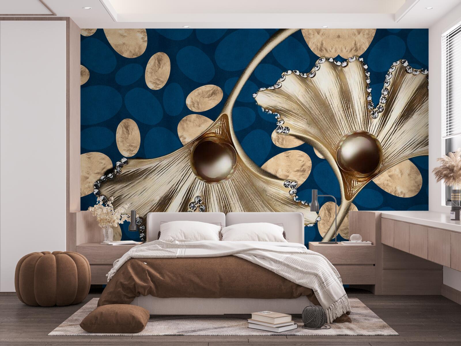 Carta da parati lo sfondo blu è decorato con fiori dorati