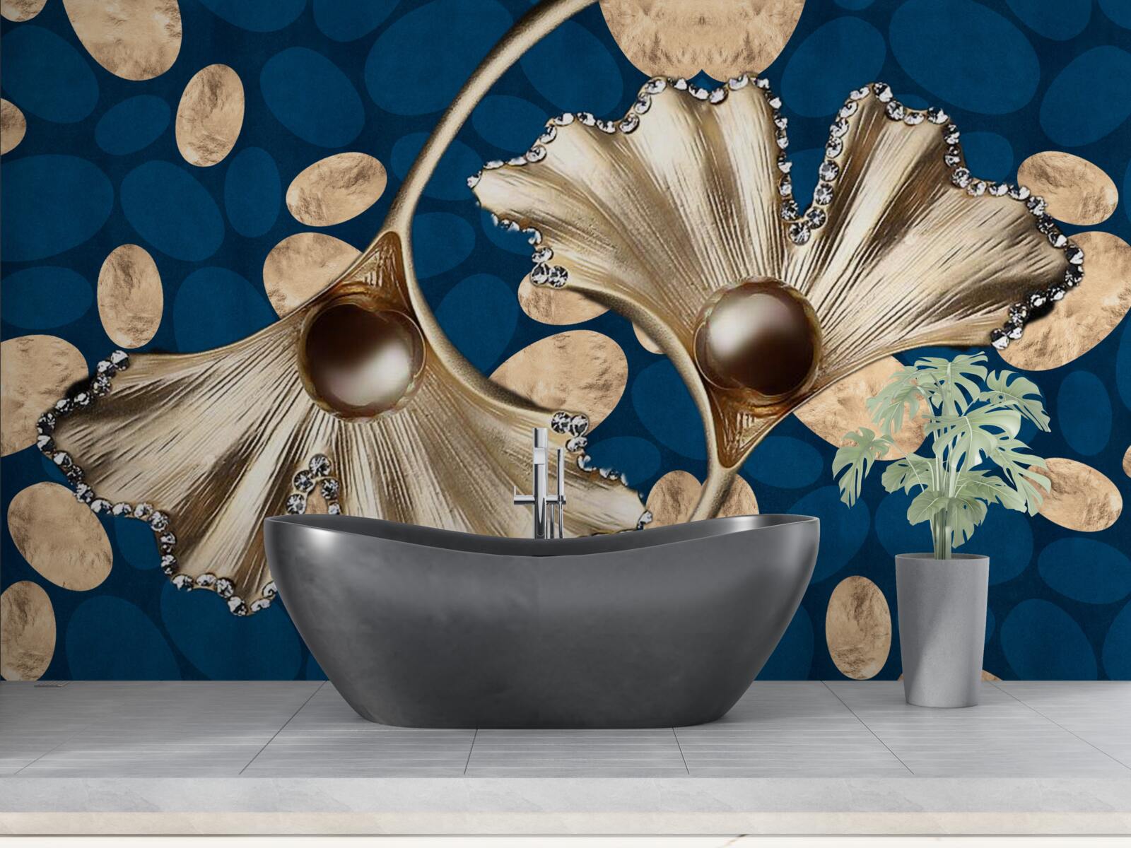 Carta da parati lo sfondo blu è decorato con fiori dorati