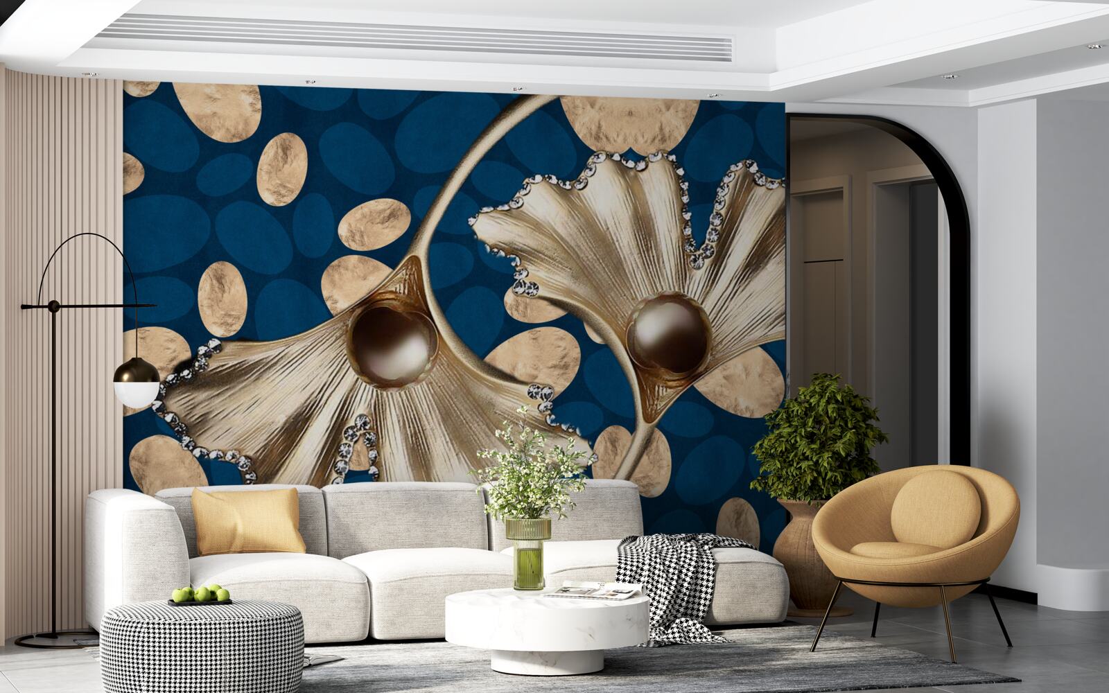 Carta da parati lo sfondo blu è decorato con fiori dorati