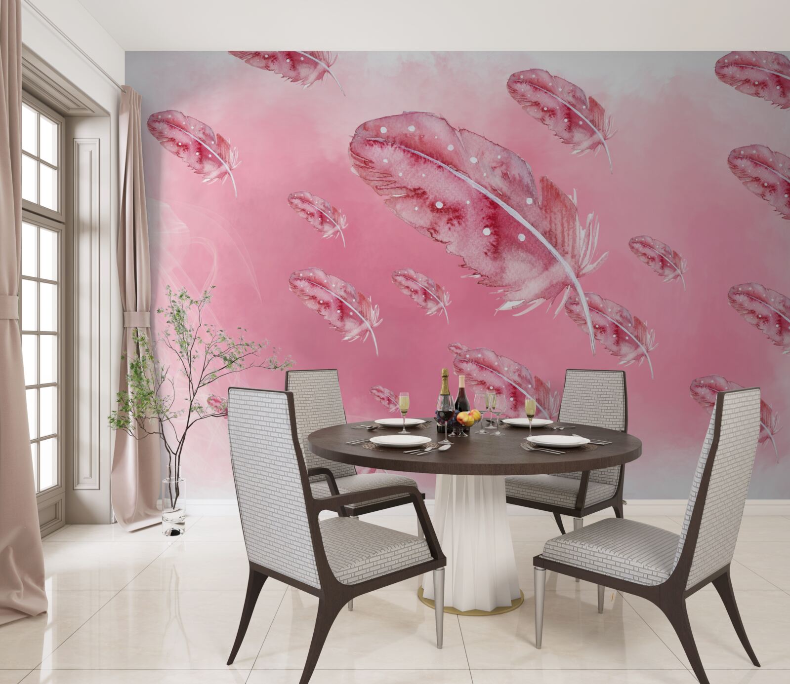 Carta da parati piume rosa su sfondo rosa
