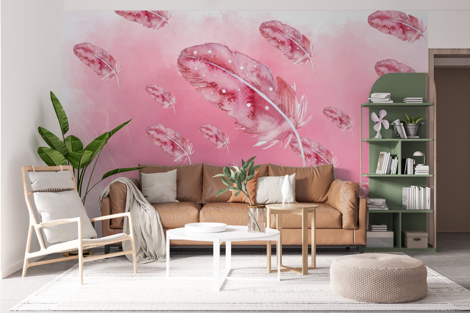 Carta da parati piume rosa su sfondo rosa