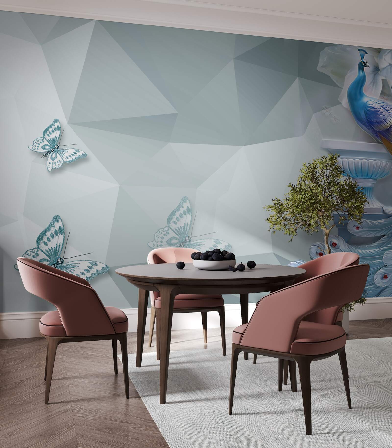 Carta da parati magnifico pavone e farfalle