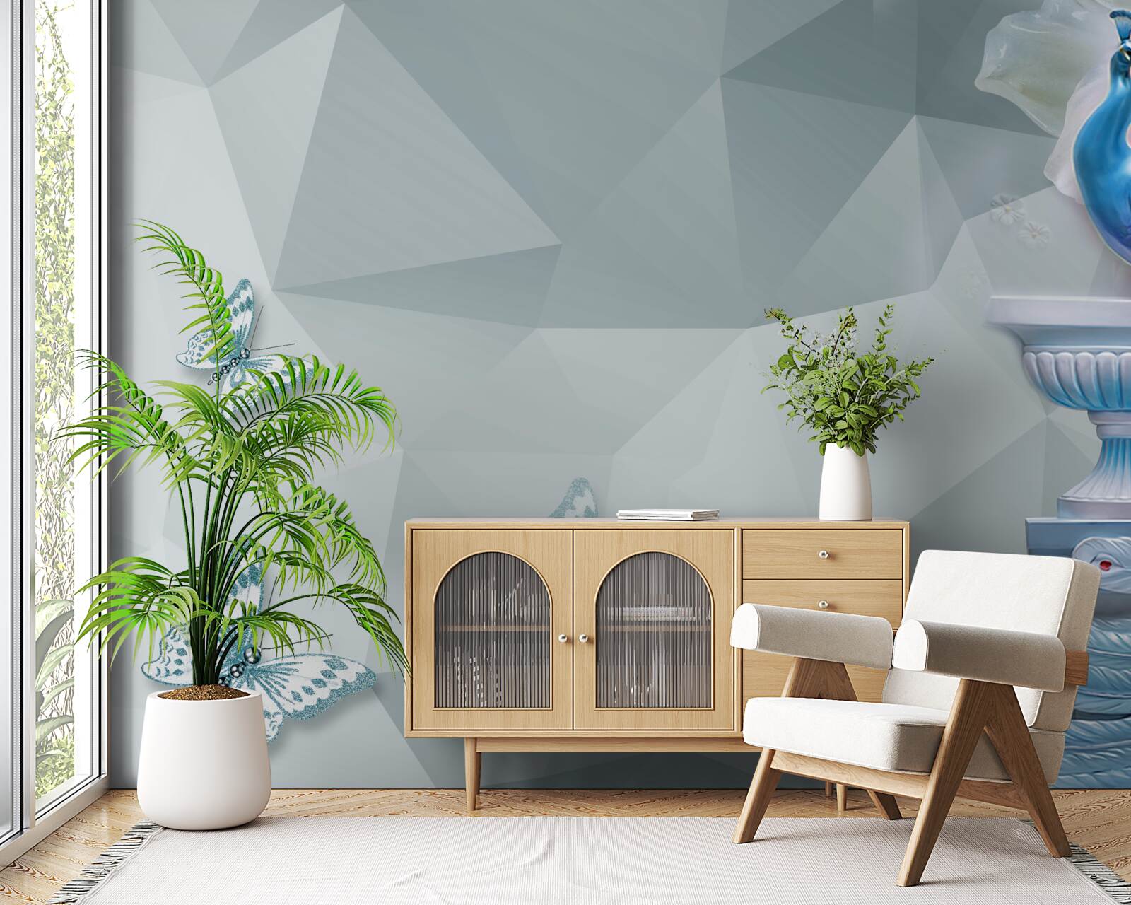 Carta da parati magnifico pavone e farfalle