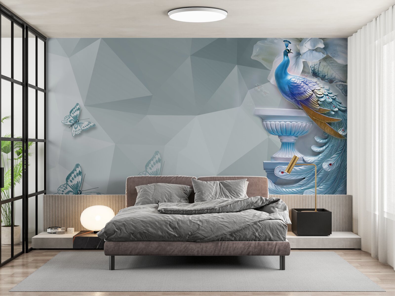 Carta da parati magnifico pavone e farfalle