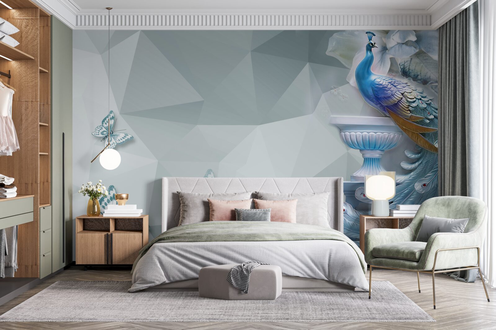 Carta da parati magnifico pavone e farfalle