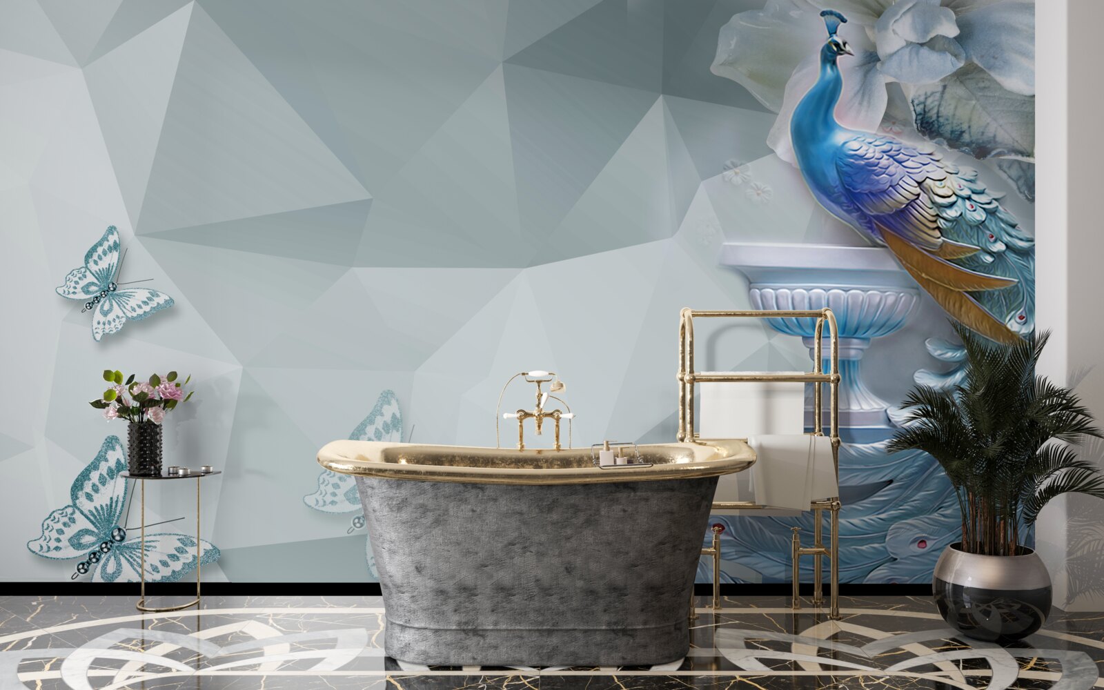 Carta da parati magnifico pavone e farfalle