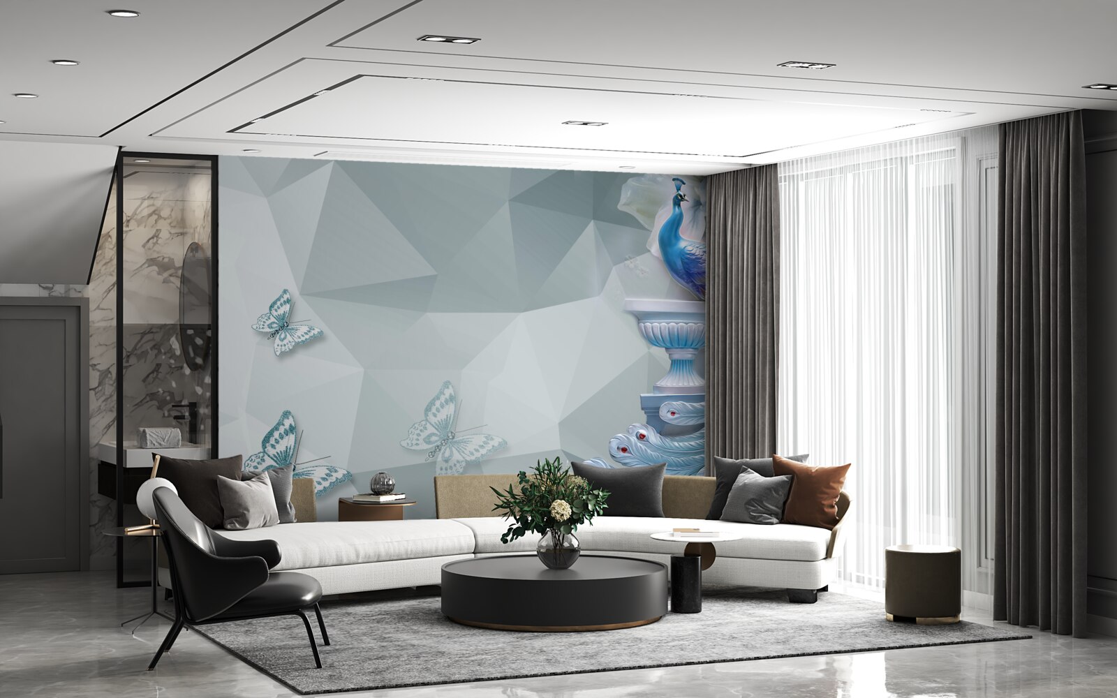 Carta da parati magnifico pavone e farfalle