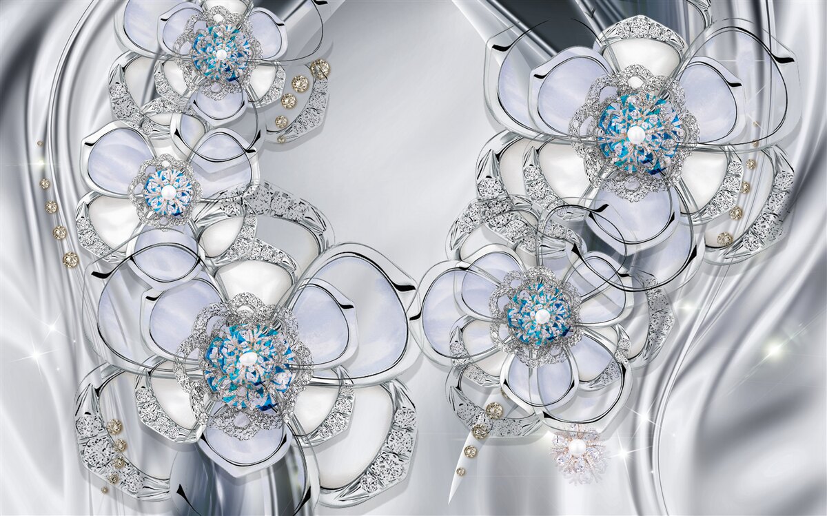 Carta da parati boccioli color argento con diamanti blu