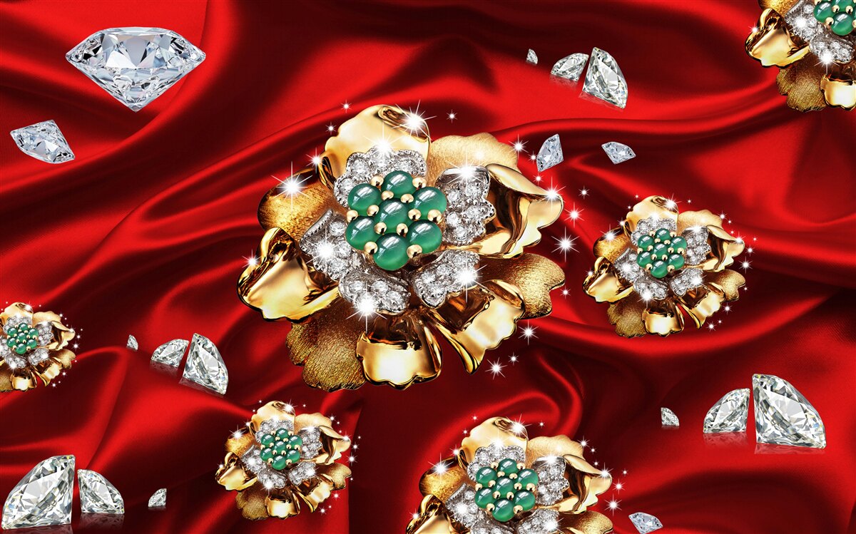 Carta da parati fiori d'oro decorati con diamanti sono posizionati su seta rossa