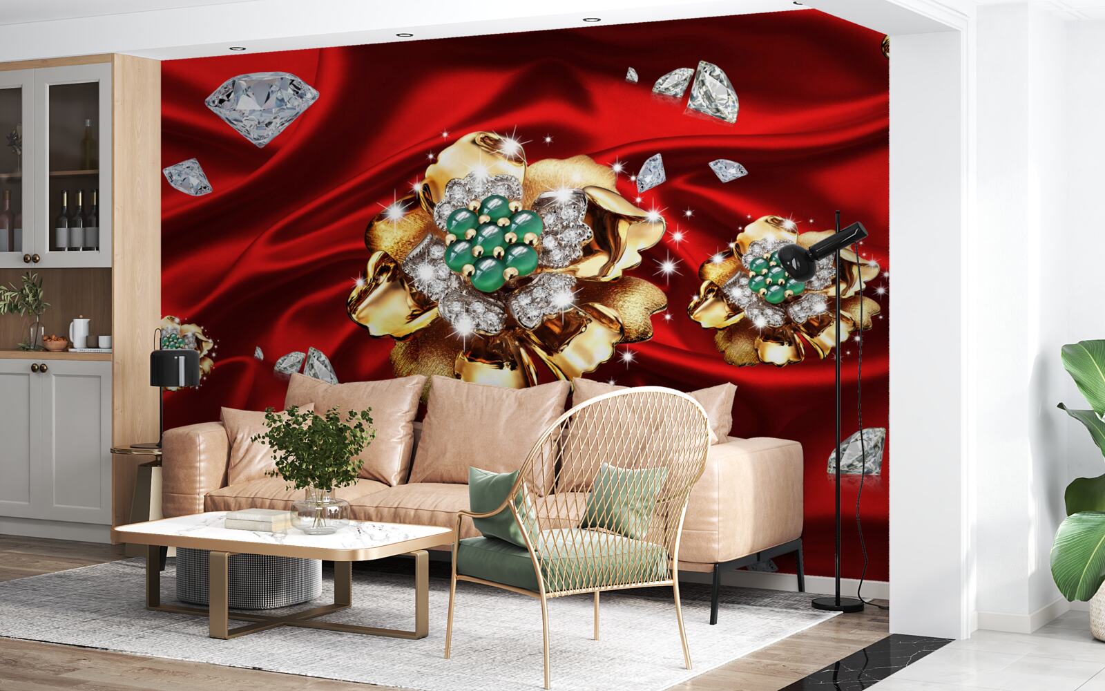 Carta da parati fiori d'oro decorati con diamanti sono posizionati su seta rossa