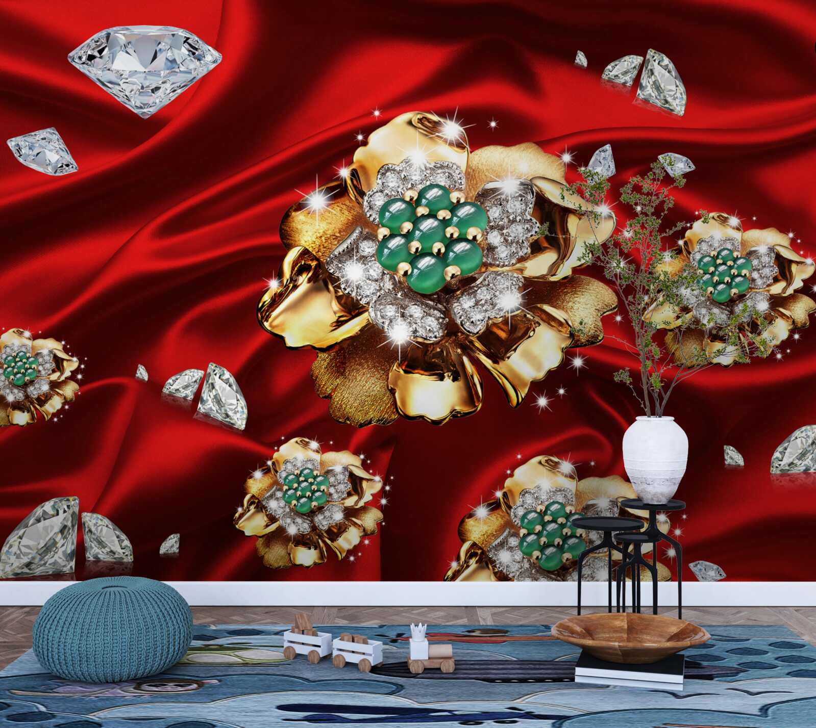 Carta da parati fiori d'oro decorati con diamanti sono posizionati su seta rossa