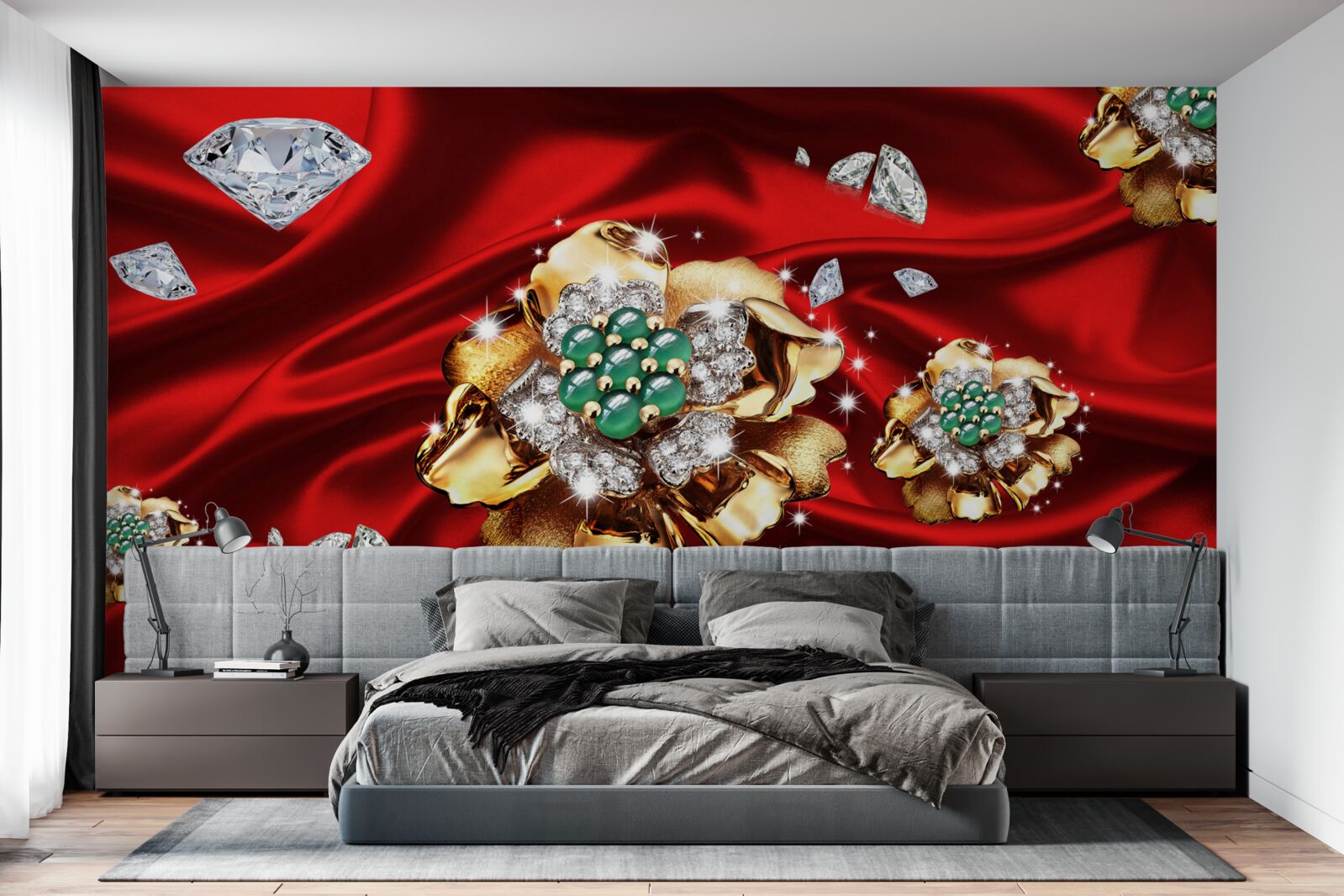 Carta da parati fiori d'oro decorati con diamanti sono posizionati su seta rossa