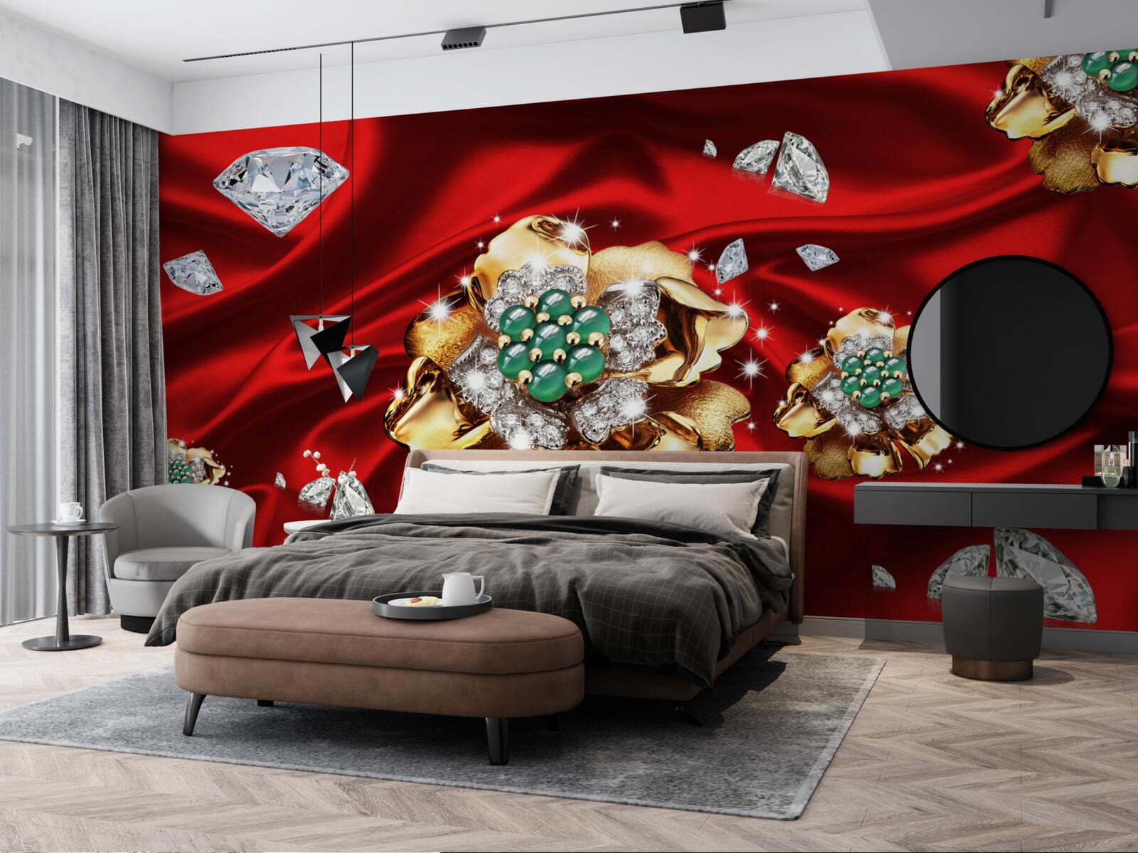 Carta da parati fiori d'oro decorati con diamanti sono posizionati su seta rossa