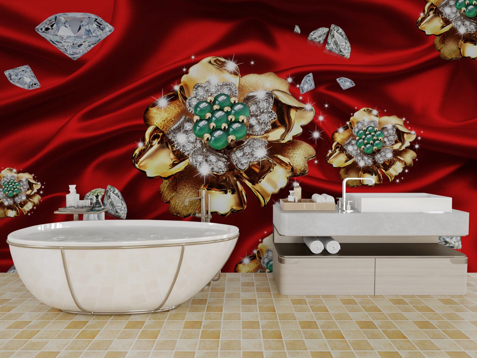 Carta da parati fiori d'oro decorati con diamanti sono posizionati su seta rossa