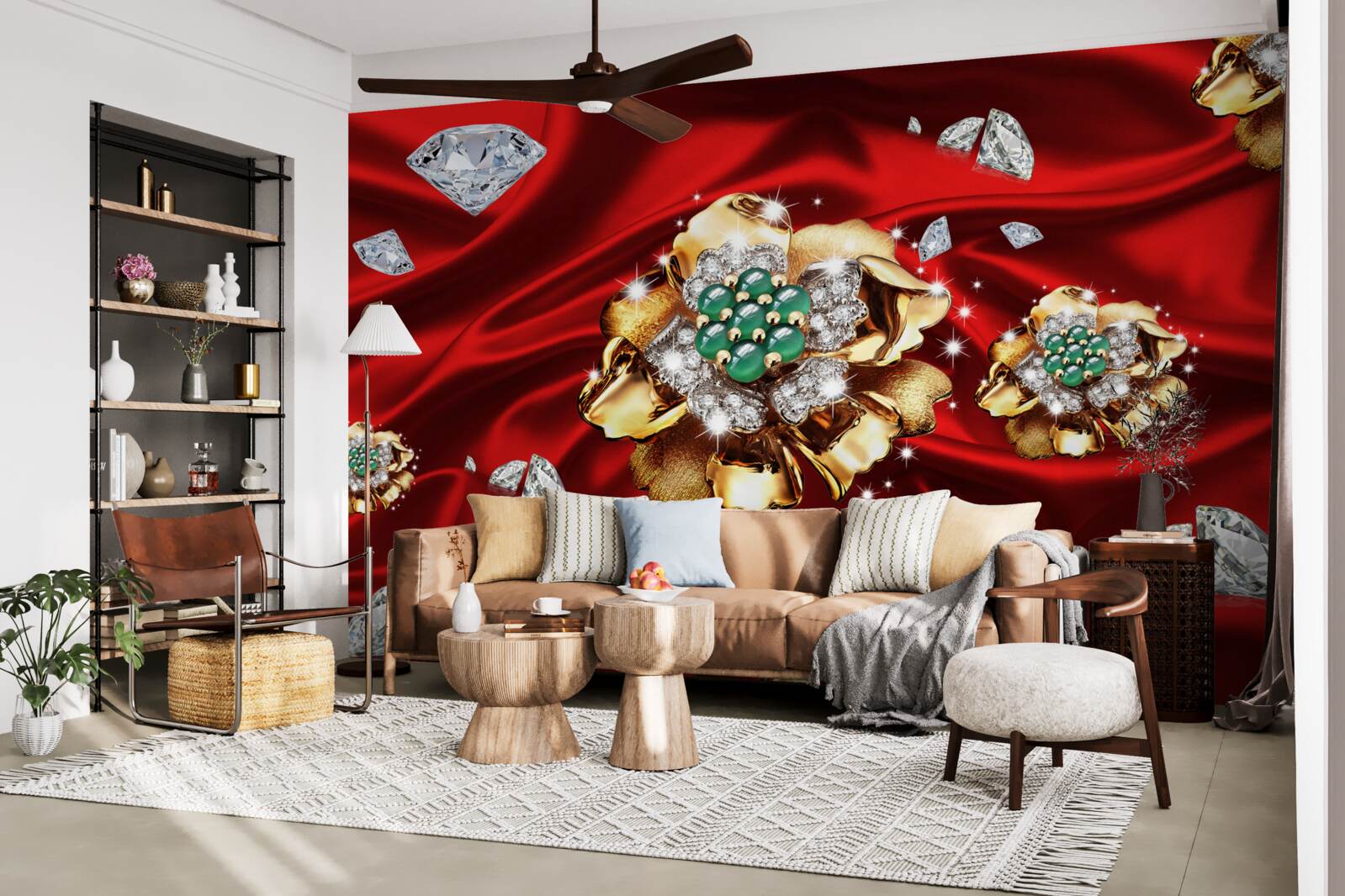 Carta da parati fiori d'oro decorati con diamanti sono posizionati su seta rossa