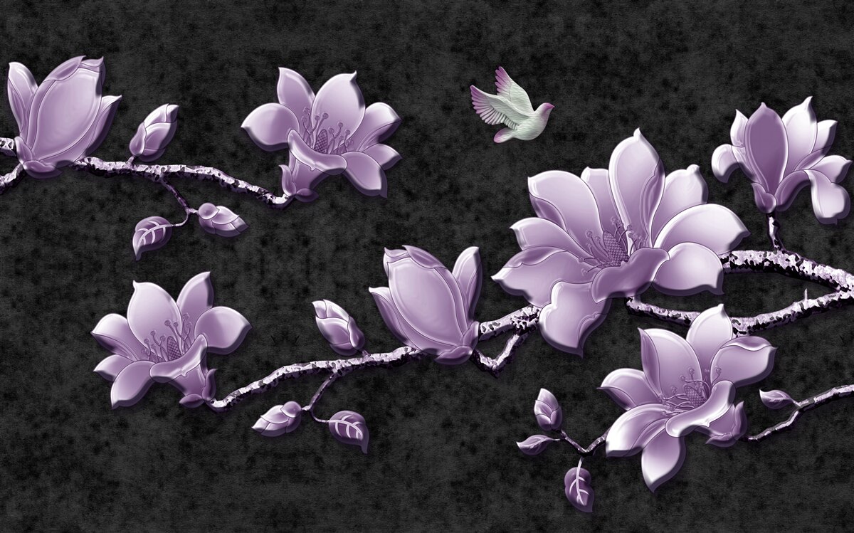 Carta da parati delicati rami di magnolia color lilla