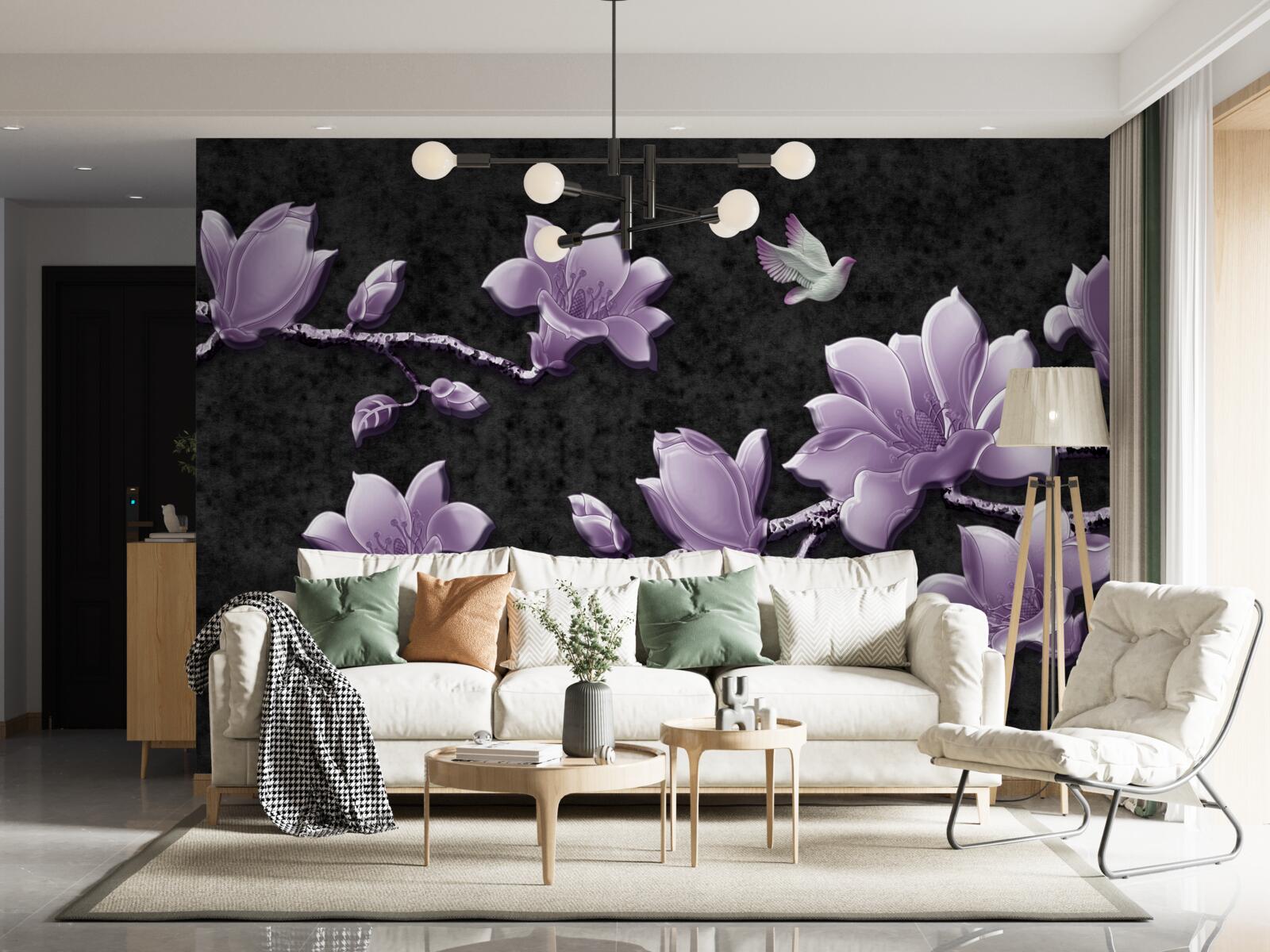 Carta da parati delicati rami di magnolia color lilla